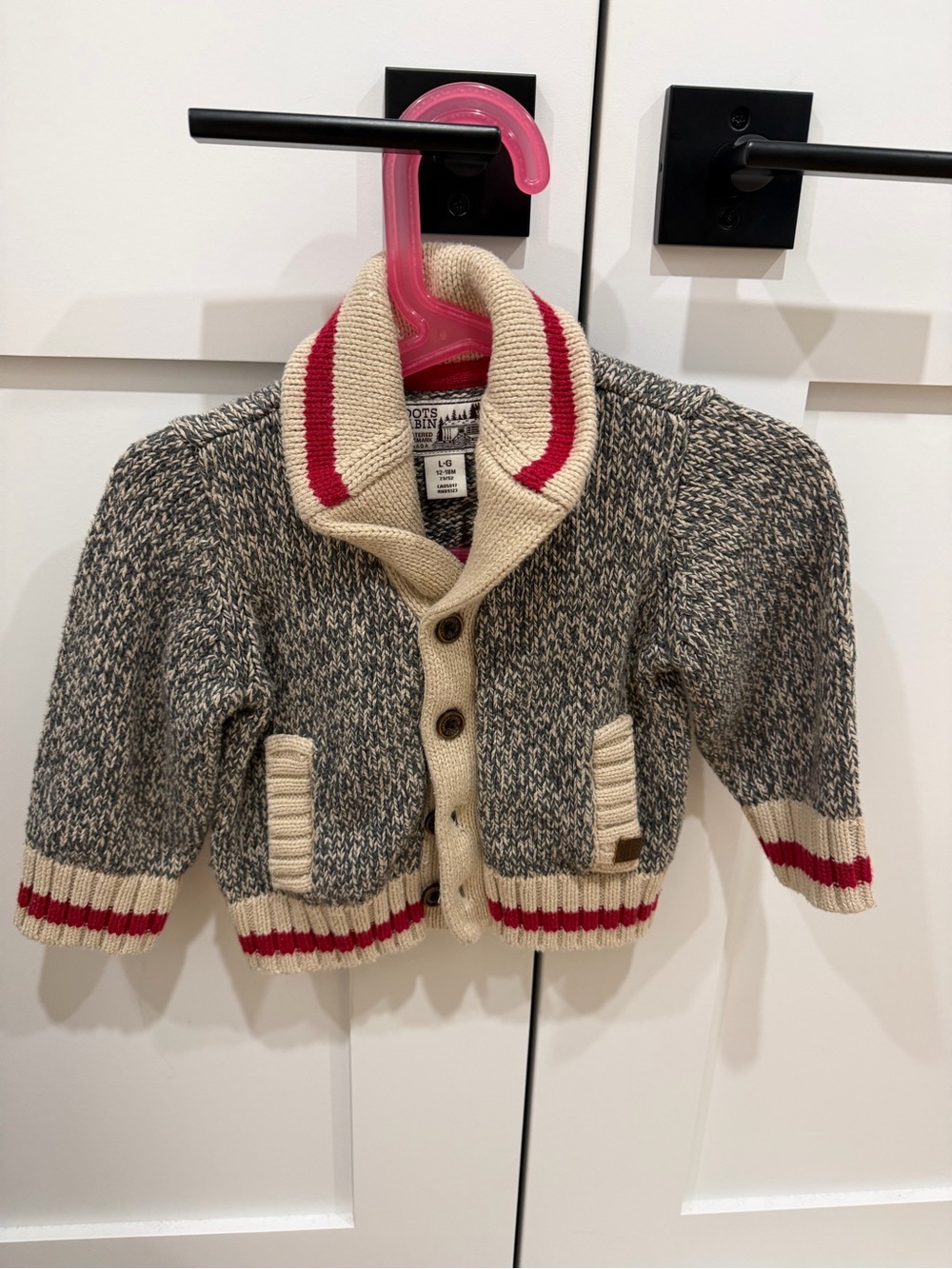 Roots Kids 12-18m cabin Collar Knit Cardigan - Gray, Cream & Red